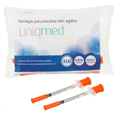 Seringa para Insulina Uniqmed 0,5mL (50UI) Agulha 6x0,25mm 31G - Pacote com 10 seringas